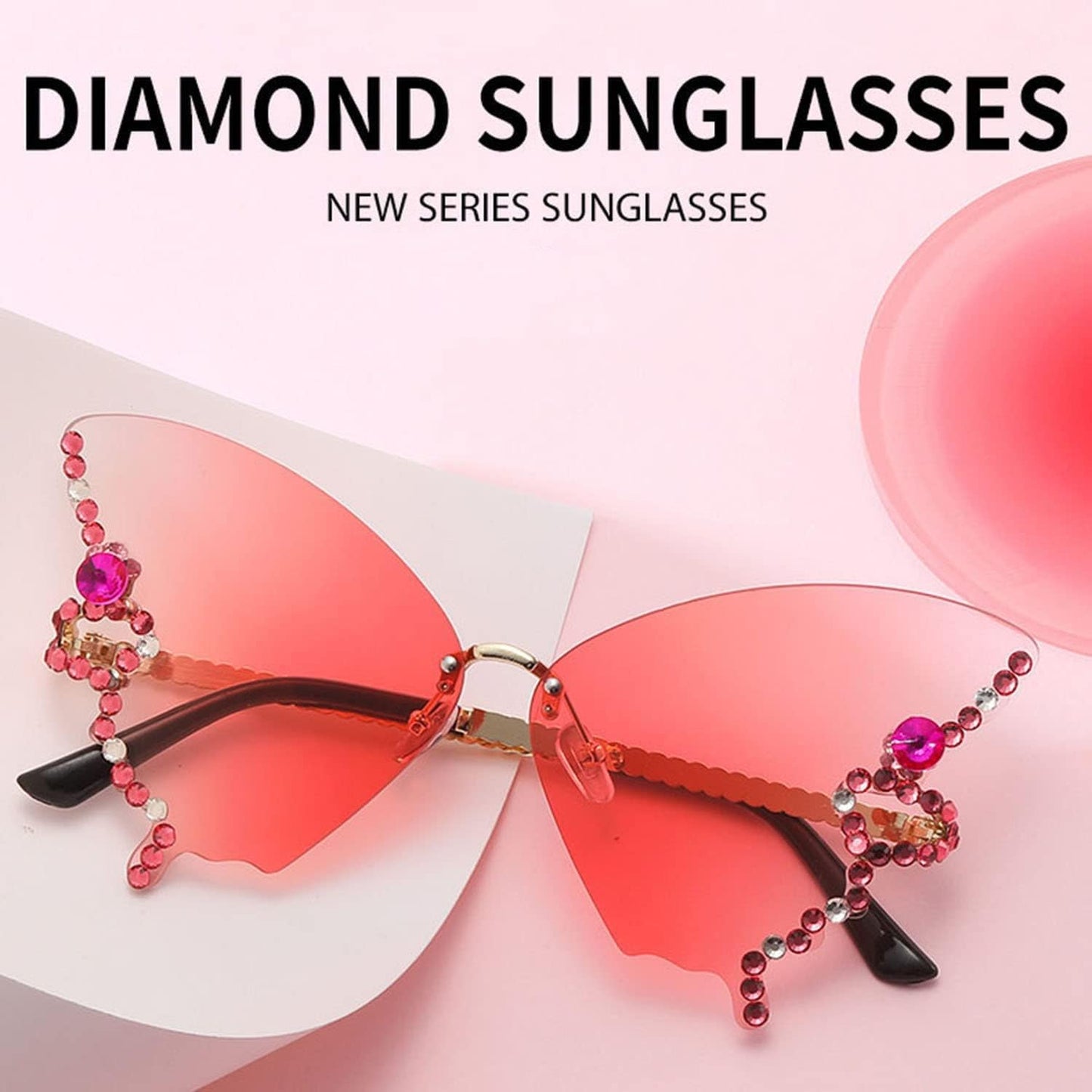 New Collection of Rimless Butterfly Diamond Sunglasses in Luxurious Colorful Lenses