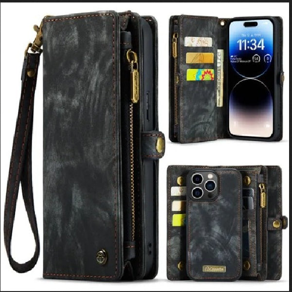 Magnetic Detachable Leather Zipper Wallet Case for Apple iPhone